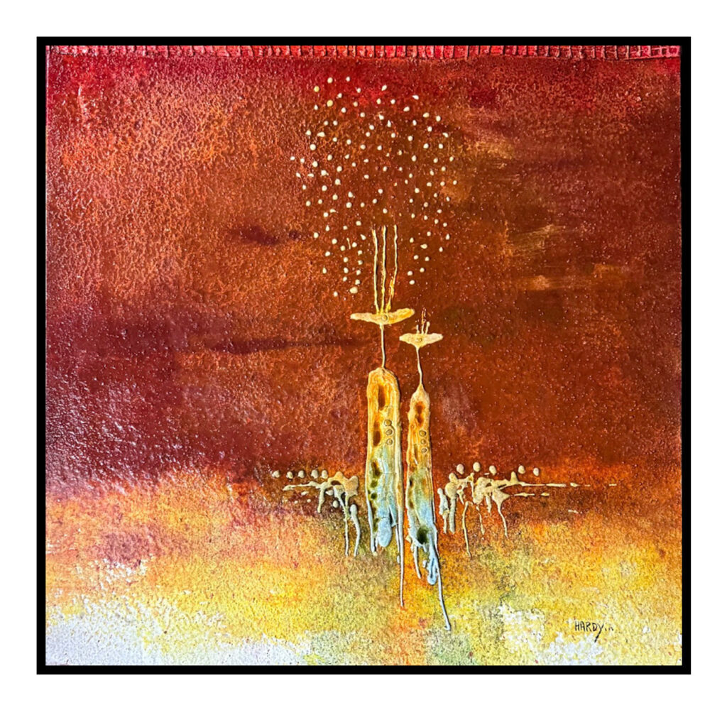 Abstraktes Kunstwerk „Göttertanz unter den Sternen“ von Künstler Hardy auf Holz mit Sand