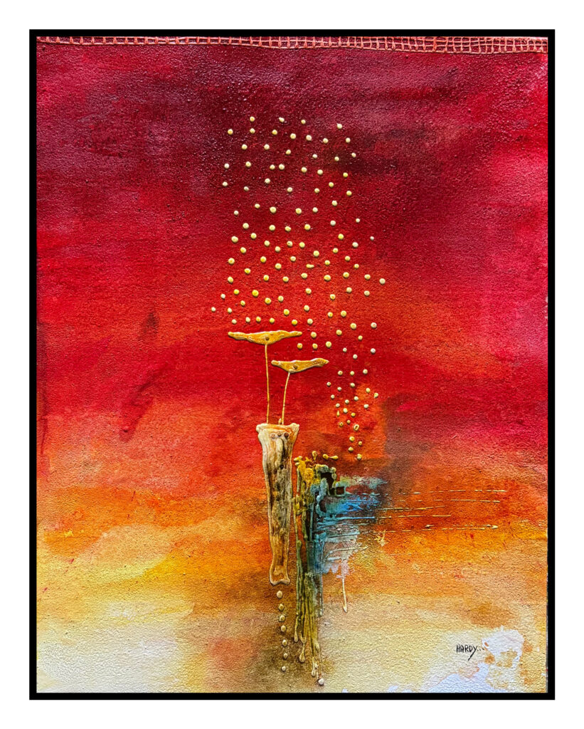 Abstraktes Kunstwerk „Gemeinsam im Sternenregen“ vom österreichischem Künstler Hardy auf Holz mit Sand