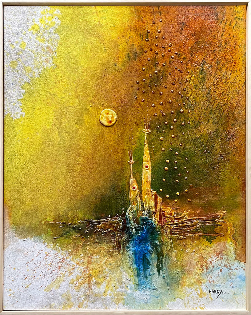 Abstraktes Kunstwerk „Die Sonnenanbeter“ von Künstler Hardy auf Holz mit Sand