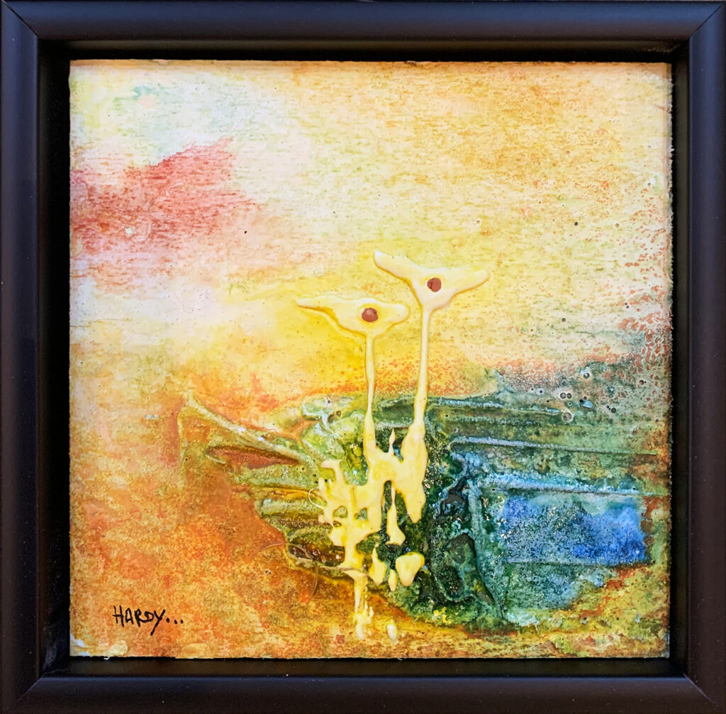 Abstraktes originales Kunstwerk „Fröhlich zu zweit“ von Hardy auf Holz mit Sand aus Österreich und Venezuela. bilder direkt vom künstler kaufen