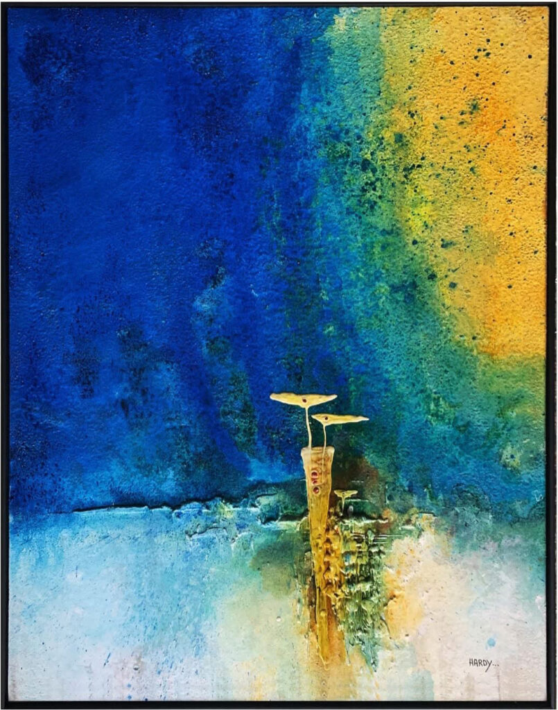 Abstraktes Originalkunstwerk „What a beautiful day“ von Hardy, Unikat auf Holz mit Sand aus Venezuela in Blau- und Gelbtönen. Bilder direkt vom Künstler kaufen