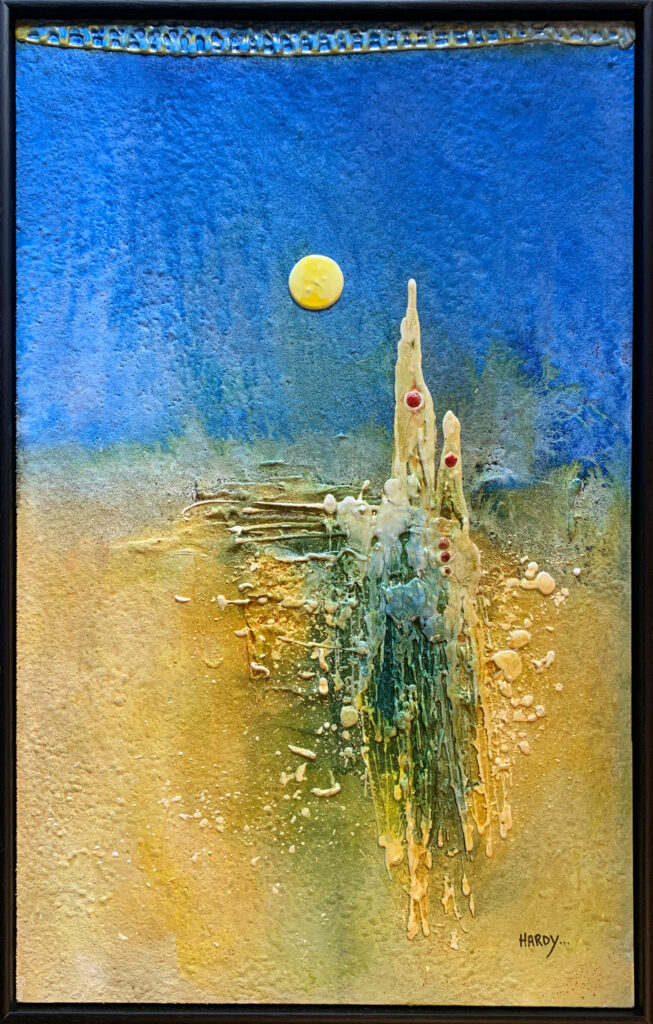 Abstraktes Kunstwerk „Insel des Friedens“ von Hardy, Unikat auf Holz mit Sand aus verschiedenen Ländern in ruhigen Blau- und Beigetönen