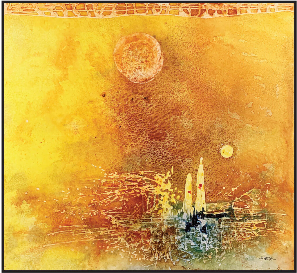 Abstraktes Kunstwerk „Magie der Liebe“ vom Kärntner Künstler Hardy auf Holz mit Sand