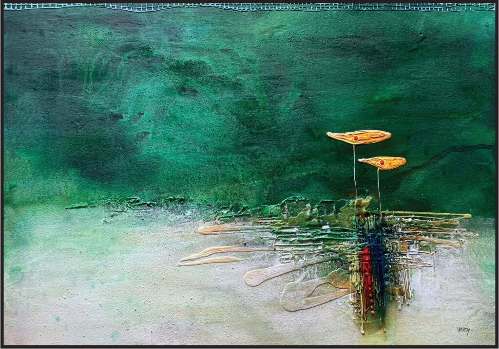 Abstraktes Originalkunstwerk „Amazonas“ von Hardy, Unikat auf Holz mit Sand aus Venezuela in Grün- und Erdtönen unikate kaufen fürs büro kärnten