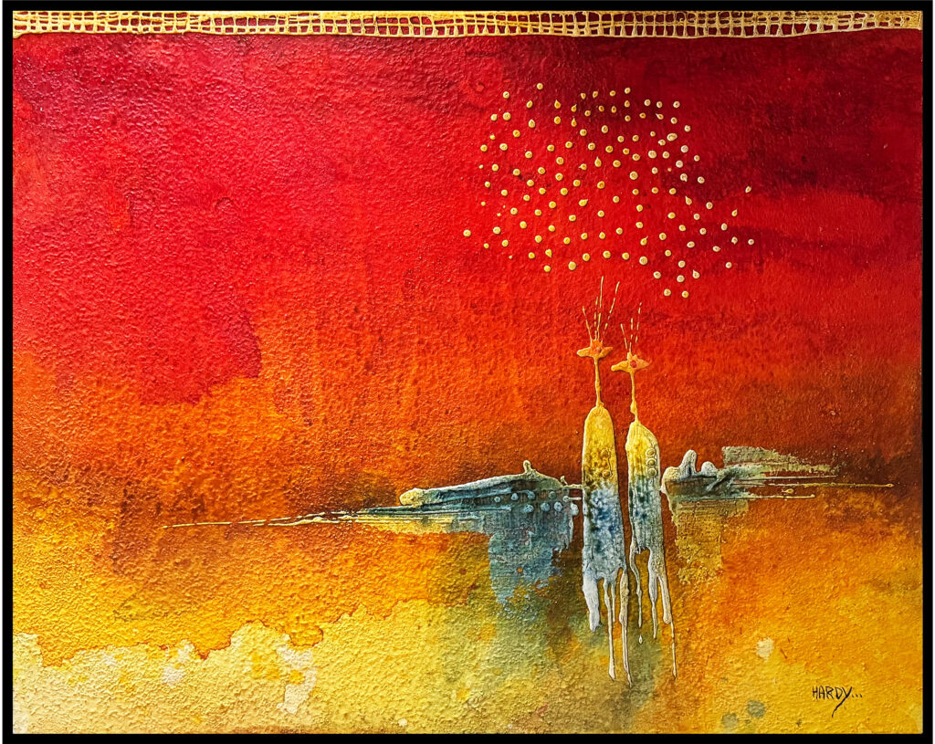 Abstraktes Kunstwerk „Wo die Sonne träumt“ von Hardy, Unikat auf Holz mit Sand aus Venezuela in warmen Rot- und Orangetönen unikate kaufen fürs büro kärnten