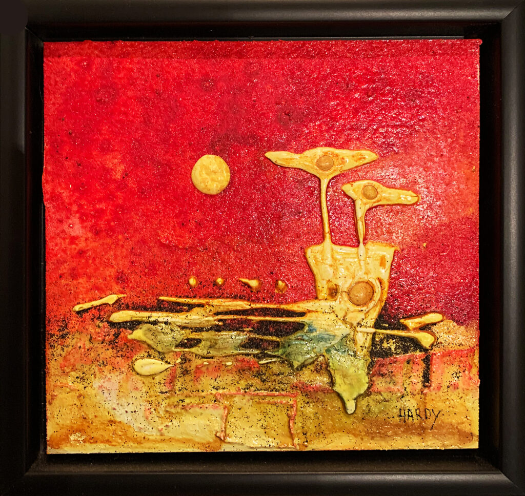 Abstraktes originales Kunstwerk „Zu zweit ist alles leichter“ von Hardy auf Holz mit Sand aus Österreich. bilder direkt vom künstler kaufen